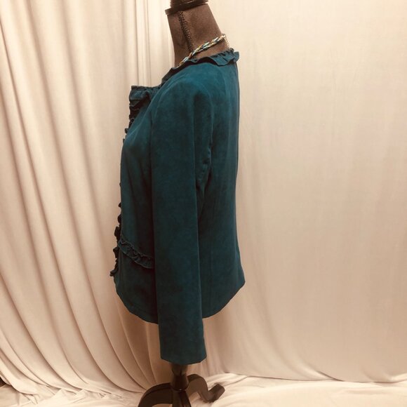 Susan Graver Jacket Womens Size Small Teal Green Zippered Ruffle Collar Blazer - Picture 3 of 6